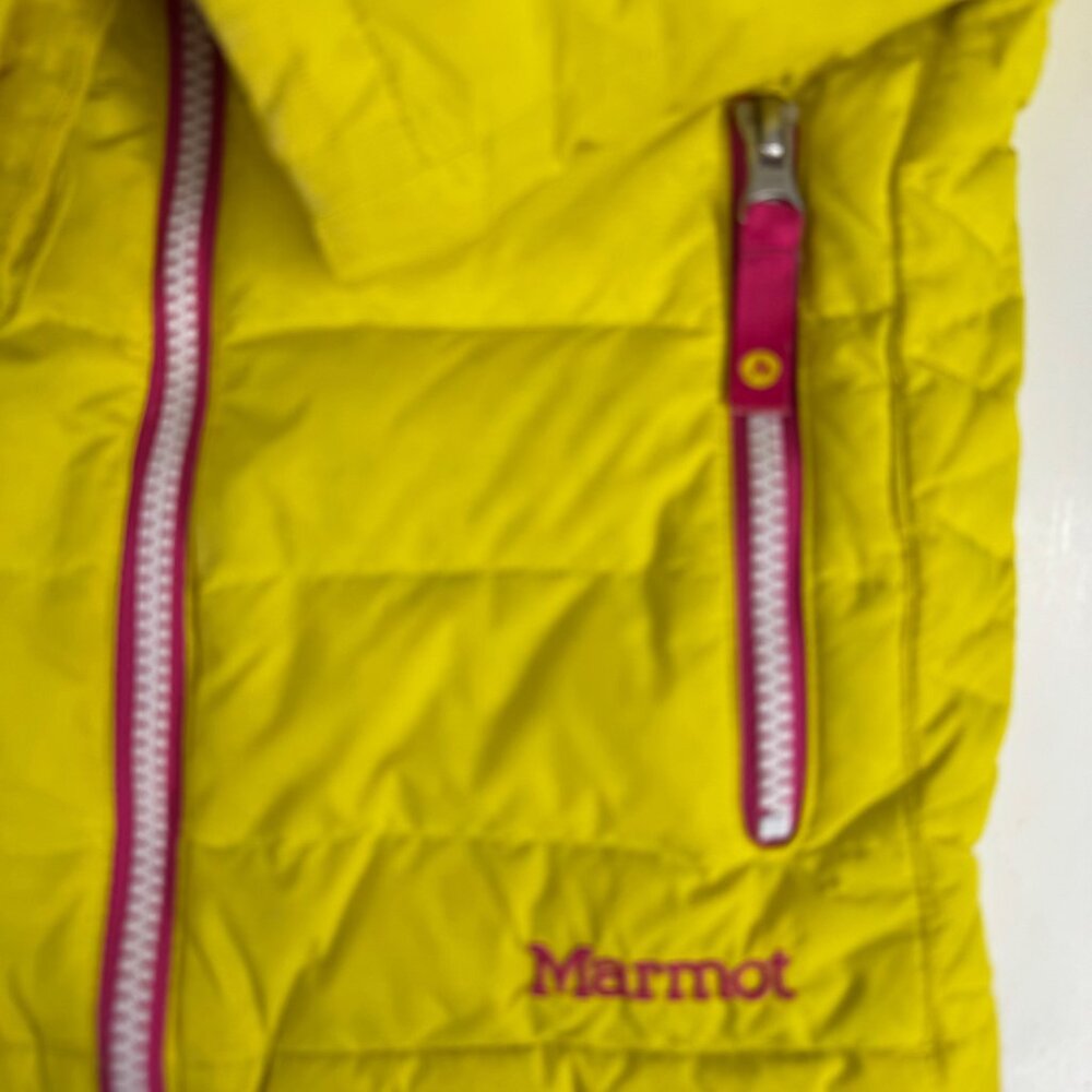 Marmot Girls Puffer Down Jacket Yellow Pink XS Warm Insulated Hooded Windproof - Picture 14 of 16